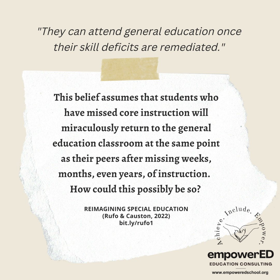 Day 15 of #NoExcusesNovember- "They can go back to general ed after they 'get what they need' in the special ed class."  So many flaws with this argument!  Not only is it illogical, intervention does not need to come at the expense of #inclusion.