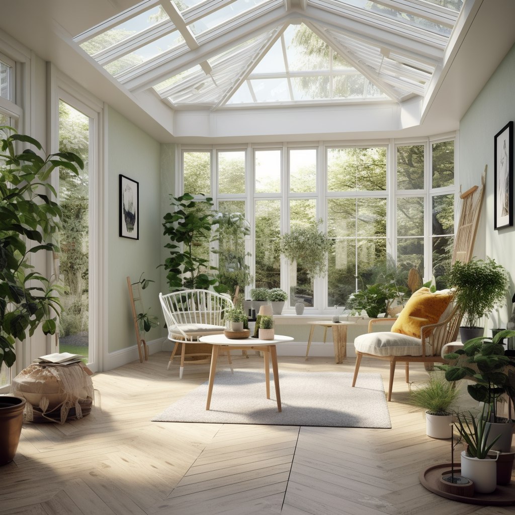 designmidjorney's tweet photo. This conservatory-styled interior is a serene retreat bathed in natural light, with a transparent ceiling and wall-to-wall windows that offer a seamless connection to the lush garden outside. Soft pastel walls complement the light wood flooring, while white-painted window frames enhance the brightness of the space. The room is furnished with understated elegance, featuring a delicate white chair, a simple wooden table, and an array of potted greenery that brings the outside in, creating a tranquil, airy sanctuary