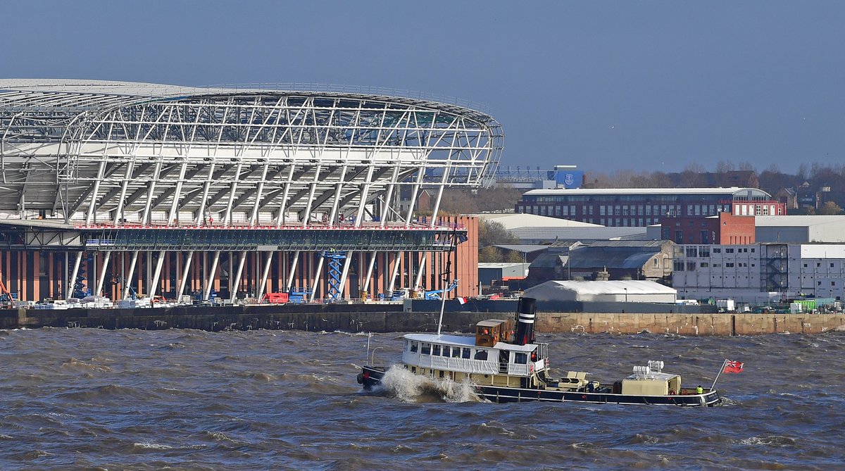 snapperlane's tweet image. If you know your history.....Historic Schooner Lady Ellen and steam boat Daniel Adamson sail past Everton's Bramley Moore Dock stadium on the Liverpool waterfront #Evertonfc #RiverMersey #bmd #Everton