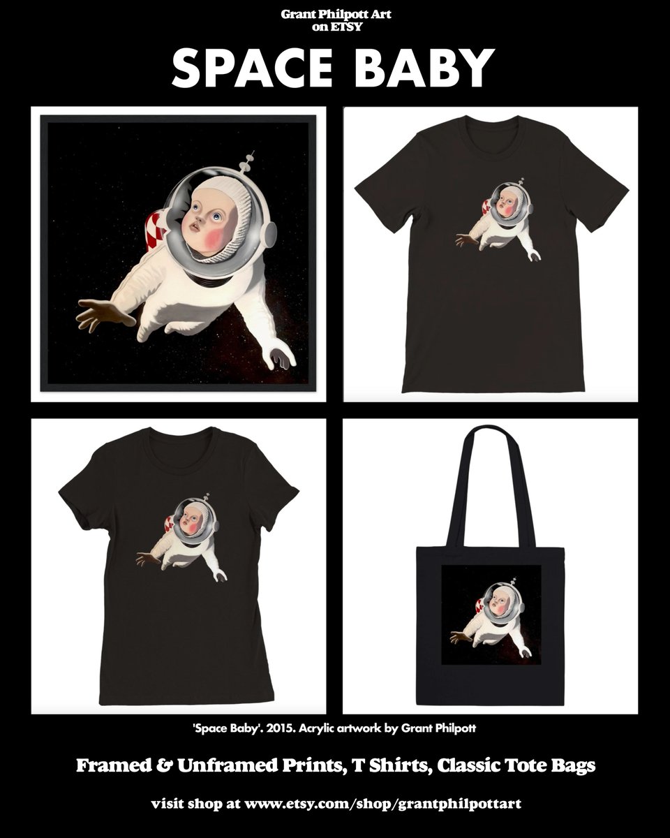 GPhilpottArt's tweet photo. Hi! Please check out my new 'Space Baby' artwork range of framed &amp; unframed Prints, T Shirts &amp; Tote Bags now available at my Etsy shop. Thanks Grant x https://t.co/cWG5k2eT0N... More gift ideas coming soon, watch this Space #etsyshop #tshirtdesign #giftideas #acrylicpainting #art https://t.co/eNt9TU0yWF