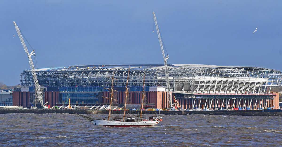 snapperlane's tweet image. If you know your history.....Historic Schooner Lady Ellen and steam boat Daniel Adamson sail past Everton's Bramley Moore Dock stadium on the Liverpool waterfront #Evertonfc #RiverMersey #bmd #Everton