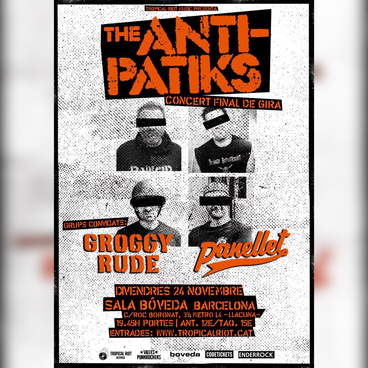🪖ATENCIÓ🪖
Divendres 24 de novembre concert final de gira a la Sala Bóveda de Barcelona! Una nit plena de sorpreses, col•laboracions especials, espetegó i molt Punk Rock.
⚠️70% aforament complet, estàs badant?
Entrades: entradas.codetickets.com/entradas/id/21…