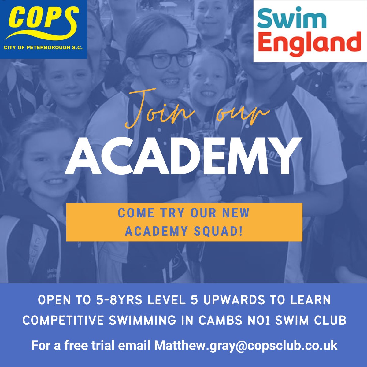 Interested in learning competitive swimming? Come try our new Academy squad. 
🔵 Aimed at 5-8yrs old level 5 or higher looking to extend their swimming in lessons
🔵 Just £38 per month
🟡 For a FREE trial contact Matthew.gray@copsclub.co.uk 
#loveswimming 💙💛