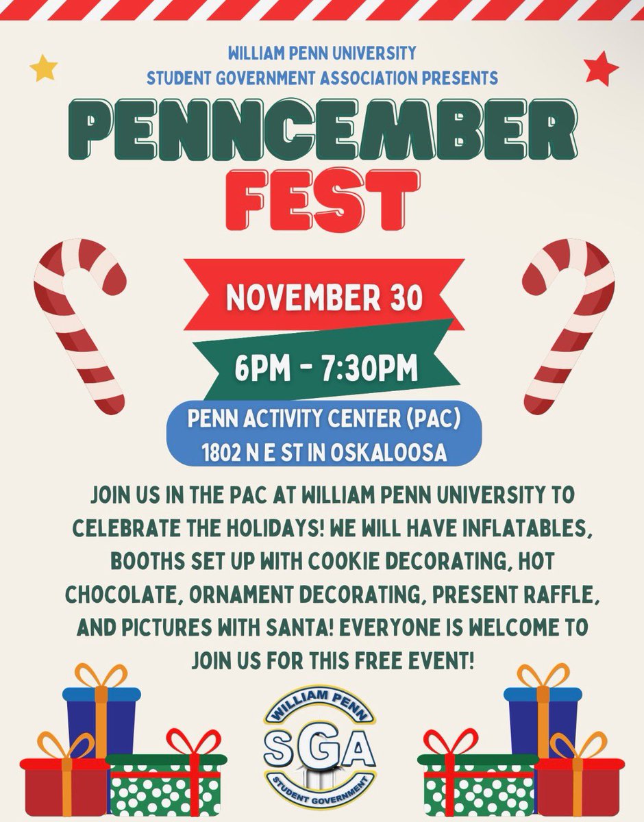 Join us in the PAC at WPU to celebrate the holidays! This event is open to the community and it will take place on November 30th! 🎄