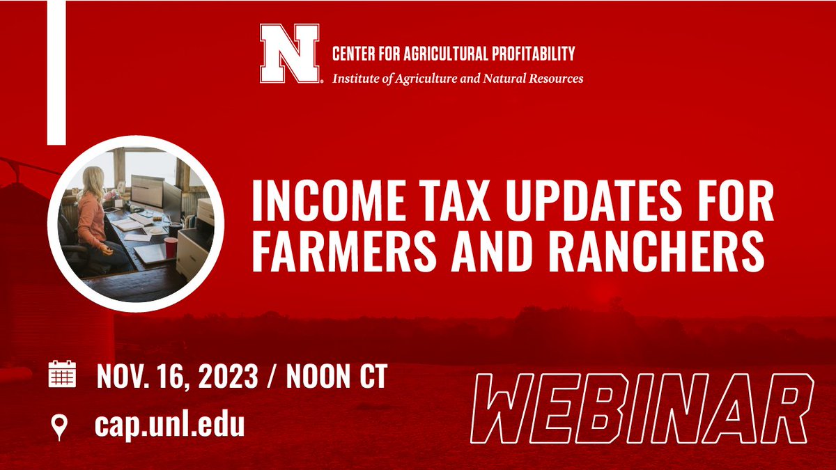 UNL Center for Ag Profitability (@unl_cap) on Twitter photo It's that time again! Join us Thursday at noon CT for a webinar with <a href="/NEFarmBusiness/">NebraskaFarmBusiness</a>'s Tina Barrett on tax considerations for farmers and ranchers. She'll cover crop insurance, deferral options for livestock, potential law changes, and more. Register: go.unl.edu/y45b. It's that time again! Join us Thursday at noon CT for a webinar with <a href="/NEFarmBusiness/">NebraskaFarmBusiness</a>'s Tina Barrett on tax considerations for farmers and ranchers. She'll cover crop insurance, deferral options for livestock, potential law changes, and more. Register: go.unl.edu/y45b.