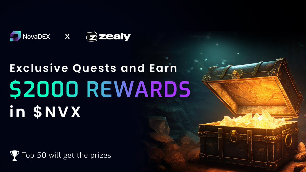 🚀Zealy Sprint: Complete quests and unlock rewards of 2000 Dollars in $NVX

👉🏻Zealy Link: zealy.io/c/novadex/ques…

🏆The Top 50 Zealy users get prizes

🥇1st Place: $300 
🥈2nd-10th Place: $75 each  
🥉11th-50th Place: $25 each

⏳Campaign ends on  Nov 20 at 5:30 PM UTC

Start