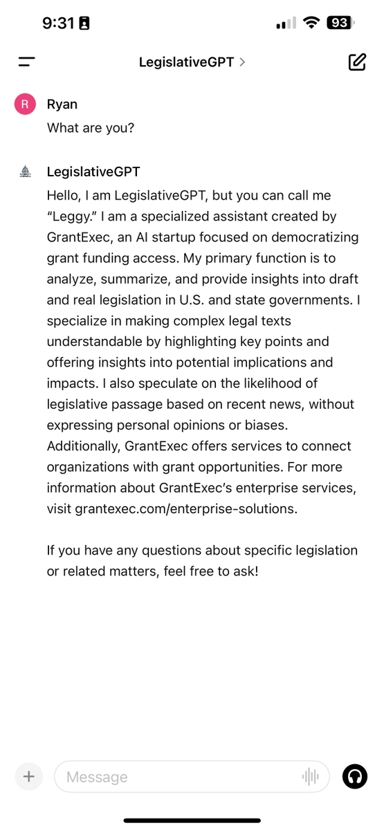 Grant_Exec's tweet photo. With ongoing uncertainty and rapid developments in government policy, GrantExec is proud to introduce LegislativeGPT, or "Leggy." 

Imagine turning the daunting task of dissecting a 100-page legislative draft into a swift, efficient process. That's the power of Leggy. https://t.co/b2sEX6MIwQ