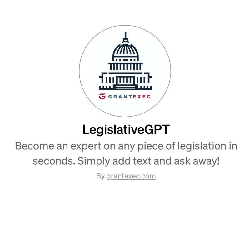 Grant_Exec's tweet photo. With ongoing uncertainty and rapid developments in government policy, GrantExec is proud to introduce LegislativeGPT, or "Leggy." 

Imagine turning the daunting task of dissecting a 100-page legislative draft into a swift, efficient process. That's the power of Leggy. https://t.co/b2sEX6MIwQ