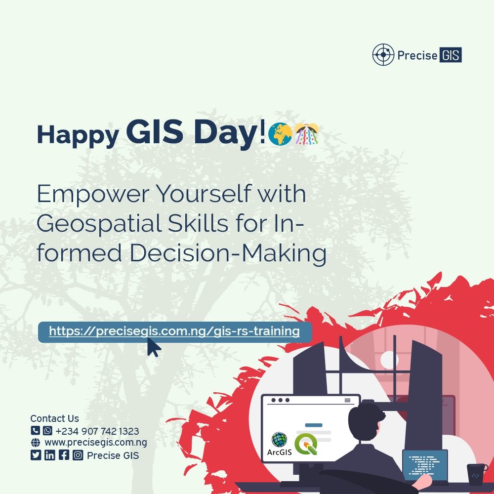 precisegis's tweet image. Happy GIS Day from Precise GIS 🎊🚀
If you want to learn more about Precise GIS certificate trainings, click here to learn more: precisegis.com.ng/gis-rs-training
#gis #remotesensing #precisegis #geospatial #gisday #mapping