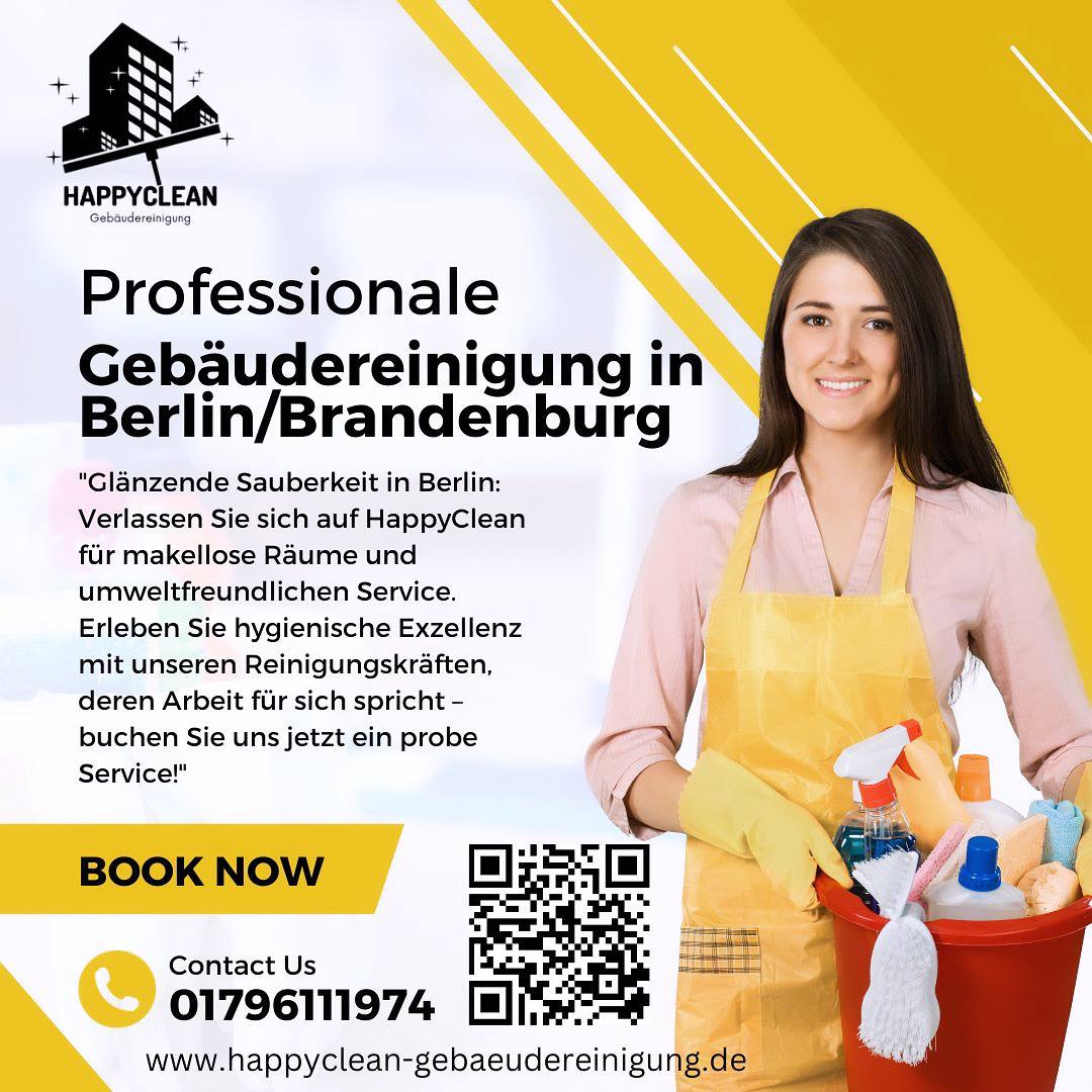 Unser Reinigungsangebot:

Büroreinigung
Hotelreinigung
Supermarkt-Reinigung
Baureinigung
Geschirrreinigung
Textilreinigung
Fensterreinigung
Treppenhausreinigung
Teppichreinigung

Kontaktieren Sie uns! 
Angebote/Beratung unter 01796111974 oder lnkd.in/eXE4EpVu