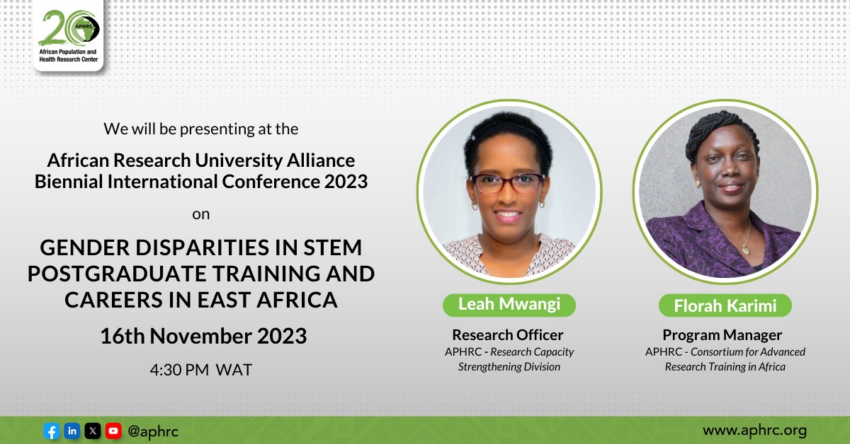 APHRC will present the findings of the study on Gender Disparities in STEM Postgraduate Training and Careers in East Africa at the <a href="/ARUA_News/">ARUA</a> conference in Lagos tomorrow, 4:30 (WAT).

Look out for highlights of the study.

<a href="/wangaleah/">Wangari</a> <a href="/KarimiFlorah/">Florah Karimi</a>

#STEM #WeAreAfrica