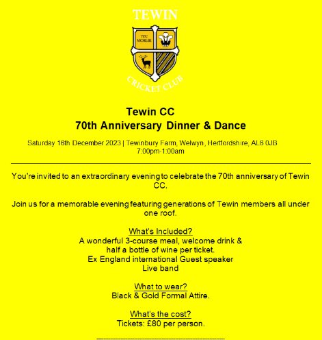 Last few tickets available for TCC’s 70th anniversary bash. You don’t want to miss out. 
📅  16/12
🍸Welcome drink
🥘Three course meal
🏏Guest speaker Jonathan Trott
🎵 Live band until late
All welcome - drop us a message for more info/how to get tickets!