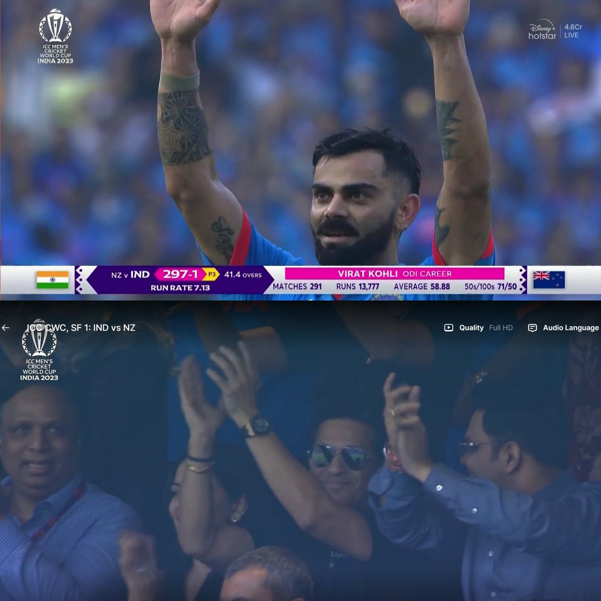 ishtdeeprmfc's tweet photo. What a moment! What an ocassion for Virat  @imVkohli to create history- 50th ODI 100, and  in a World Cup Semi-final with his batting hero @sachin_rt watching from the stands. Absolute champion. #IndiaVsNewZealand #WorldCup2023 #KingKohli #GOAT https://t.co/5TNClZCSMz