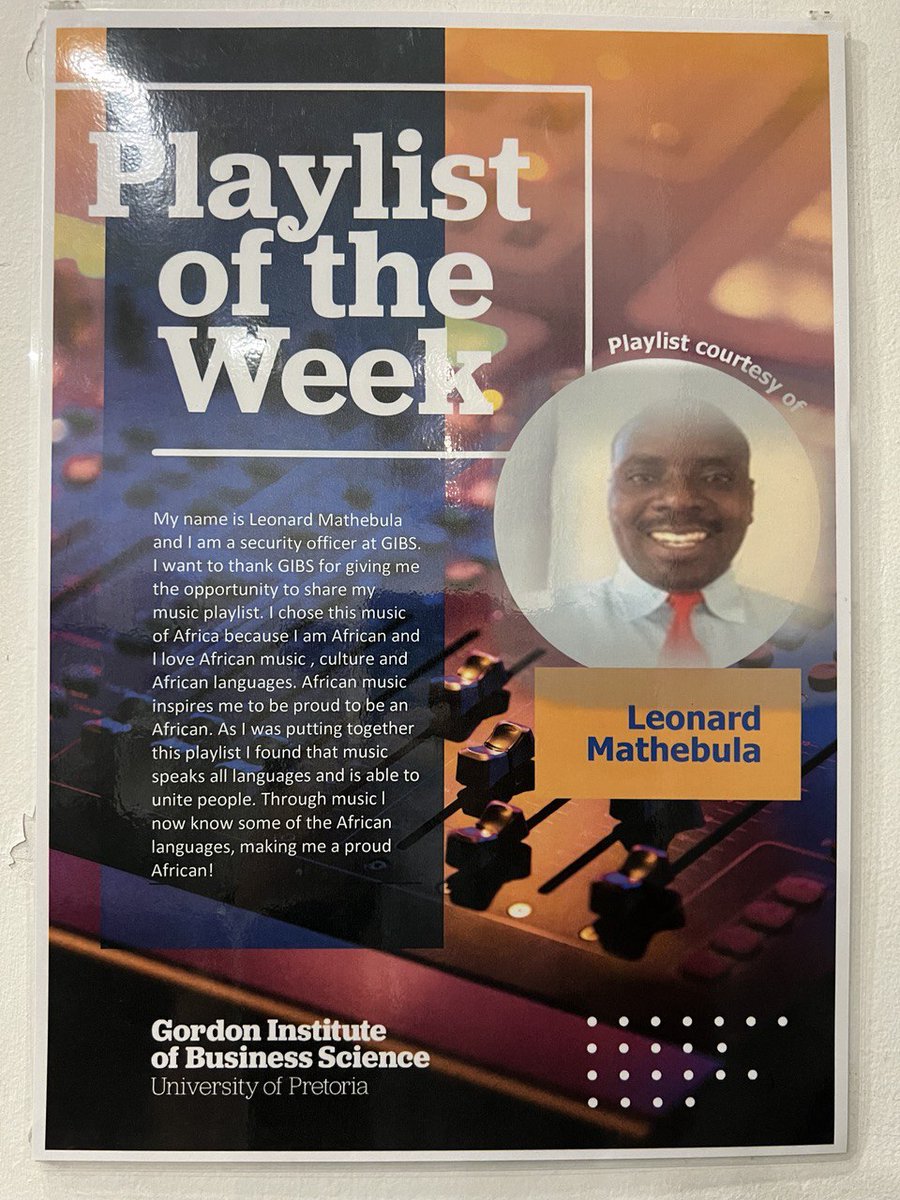 I love this initiative, as seen at the Gordon Institute of Business Science (GIBS) in Joburg today. Giving employees an opportunity to build a playlist of their favourite music, for background listening in the building.