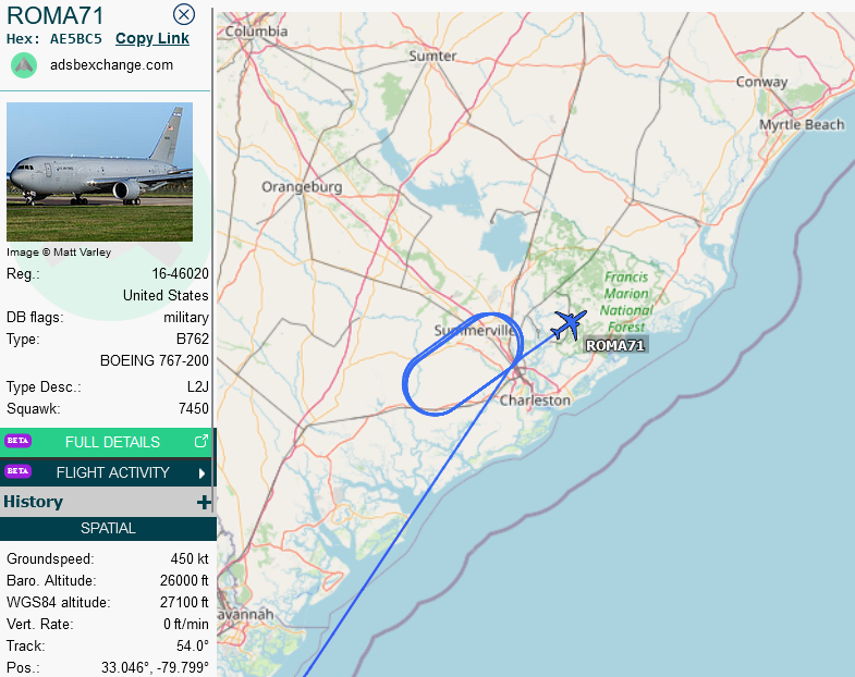 SirListenalot's tweet image. #KC46 #AE5BC5 #ROMA71 just picked up (four) USMC #F18's (likely #TREND21-24) out of Beaufort. Expect #KC135 #AE04E6 #ROMA72 out of Pease to take'm to Keflavik. Final destination is Tampere, Finland