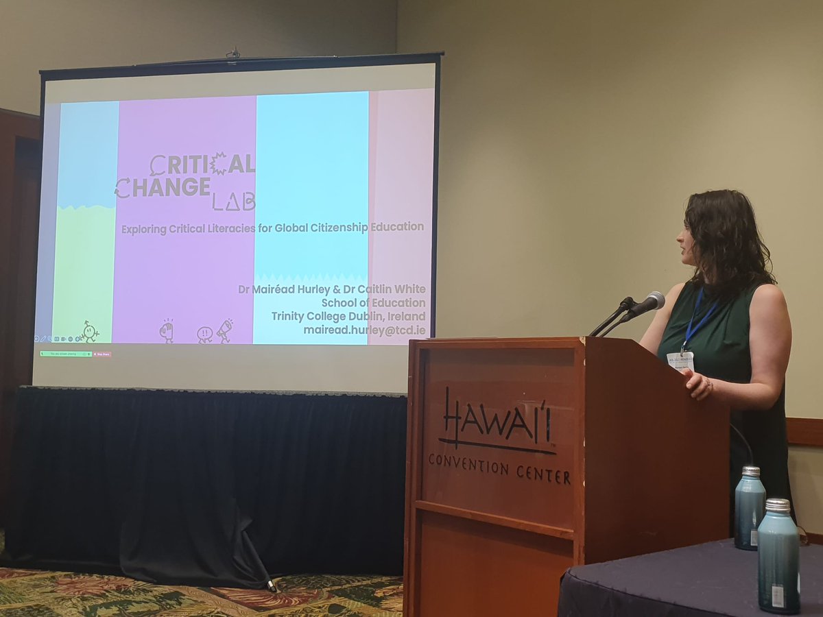 Congrats to @mairead_hurley who presented on behalf of #CriticalChangeLab @tcddublin team at #4S2023 in Honolulu last week. Her talk focused on on WIP #CriticalLiteraciesDelta & how it can be used to foster #globalcitizenship. @TLRHub @SchoolofEdTCD