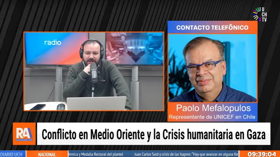 UnicefChile's tweet photo. 🔴AHORA
Nuestro Representante @pmefalopulos conversa en Radioanálisis de @uchileradio sobre la difícil situación en Gaza.

"Los últimos datos es que ya han muerto más de 4600 niños y niñas, y 9.000 están heridos y otros desaparecidos. Es una situación dramática". https://t.co/GQNUXlw9L6