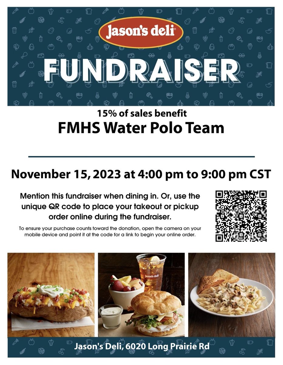 Join us for our final Spirit Night of the year! Jason’s Deli is giving back 15% of sales to Flower Mound Water Polo! #GoJags #JagWaterPolo #FMHSPolo
