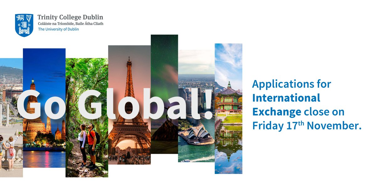 International exchange applications closing this Friday🌍 If you've been dreaming of an international exchange experience, make sure to submit your applications before Friday's deadline. If you have any questions contact global.mobility@tcd.ie tcd.ie/study/study-ab…