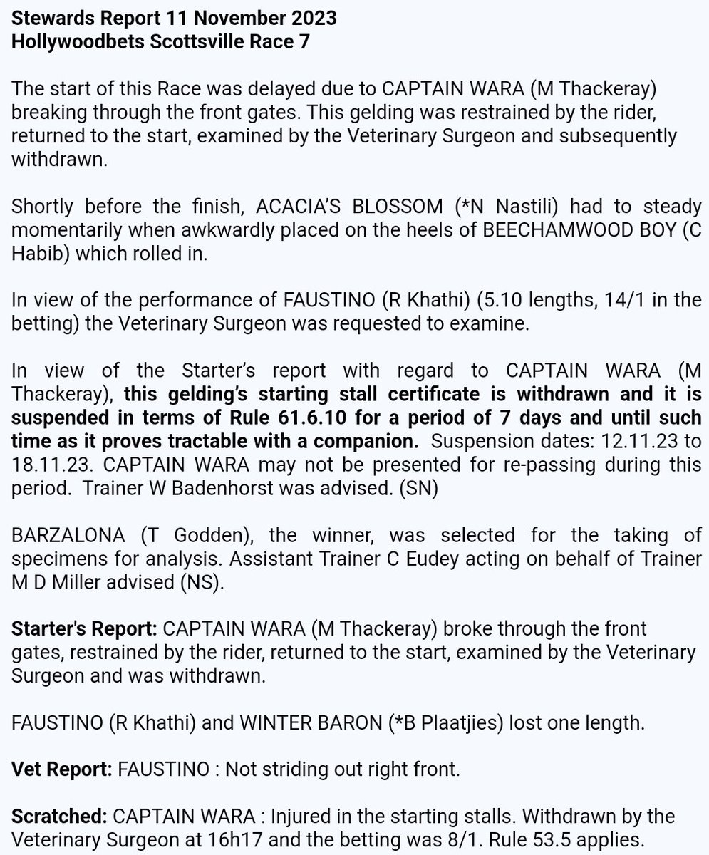 NHASouthAfrica's tweet photo. The excerpt attached is from the #StewardsReport for Race 7 (Ref 248) at Hollywoodbets #Scottsville on 11 November 2023

📺 Replay: https://t.co/ec4oMqaqLV https://t.co/MZTVOKJwa1