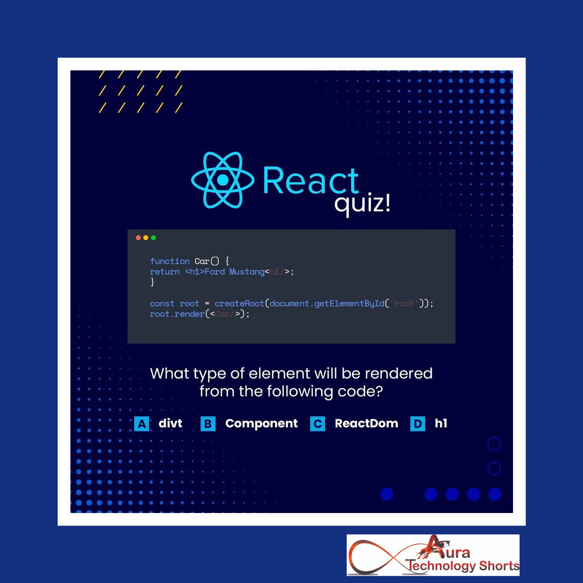 Auratechno72007's tweet image. Quiz time
............... 
#ReactQuiz, #ReactJSQuiz, #QuizTime, #QuizMaster, #CodingQuiz, #ProgrammingQuiz, #ReactProgramming, #ReactCoding, #JavaScriptQuiz, #ReactJSChallenge