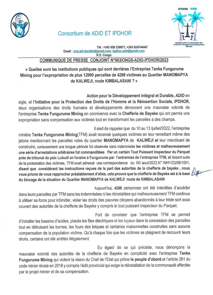 ipdhor's tweet photo. #IPDHOR /@ong #Adid
Dénoncent la mauvaise volonté  de la chefferie de #Bayeke en complicité avec @Officiel_TFM qui violent la vision du Chef de l'Etat qui prône <<le Peuple d'abord>> , l'article 281 du Code minier et #edit provincial qui exige la réinstallation de la communauté. https://t.co/cCM987Z2M8