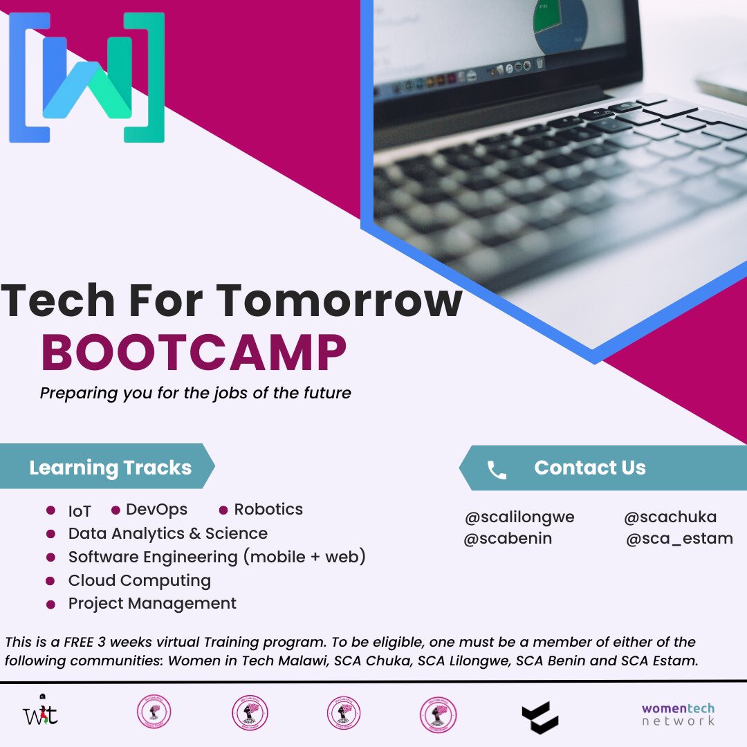 womenintech_mw's tweet photo. Exciting announcement ππ©βπ»
Innovative training program for all Women in Tech in Malawi. If you arenβt already a member of the community, send us a DM to register.
#womenintech #scachuka #scalilongwe #scaestam #scabenin #upskilling #skillsenhancement #digitalskills https://t.co/ncGgRmr5yk