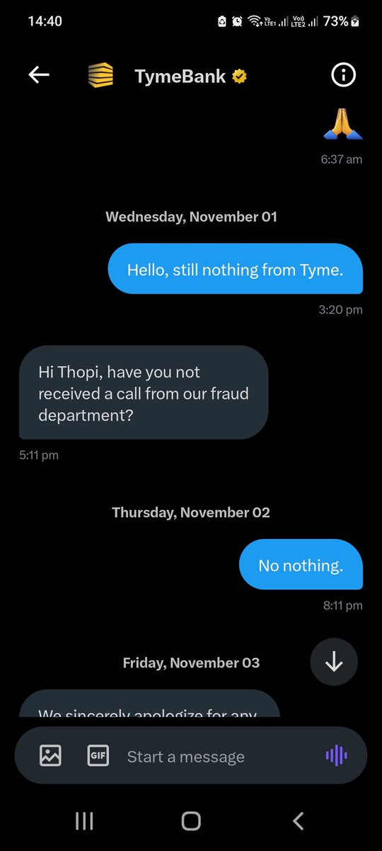 thopiBA's tweet photo. @tymebankza be very careful of Tyme bank. They allowed Fraud on account and now they won't resolve the matter. I've been ignored by everyone on my quest to follow up.  It's pathetic! https://t.co/DWZqqnjwcb