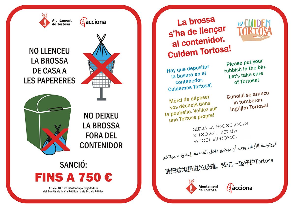 Tortosa's tweet photo. 📢 L'Ajuntament  impulsa campanyes de civisme per mantenir Tortosa neta i segura

✅Dos agents cívics informaran de l'obligatorietat de llençar la brossa al contenidor i de les sancions per incomplir l'Ordenança de Bon Ús de la Via Pública

📲Més info https://t.co/O3bM0KdCV8 https://t.co/cWOqIr9hXb