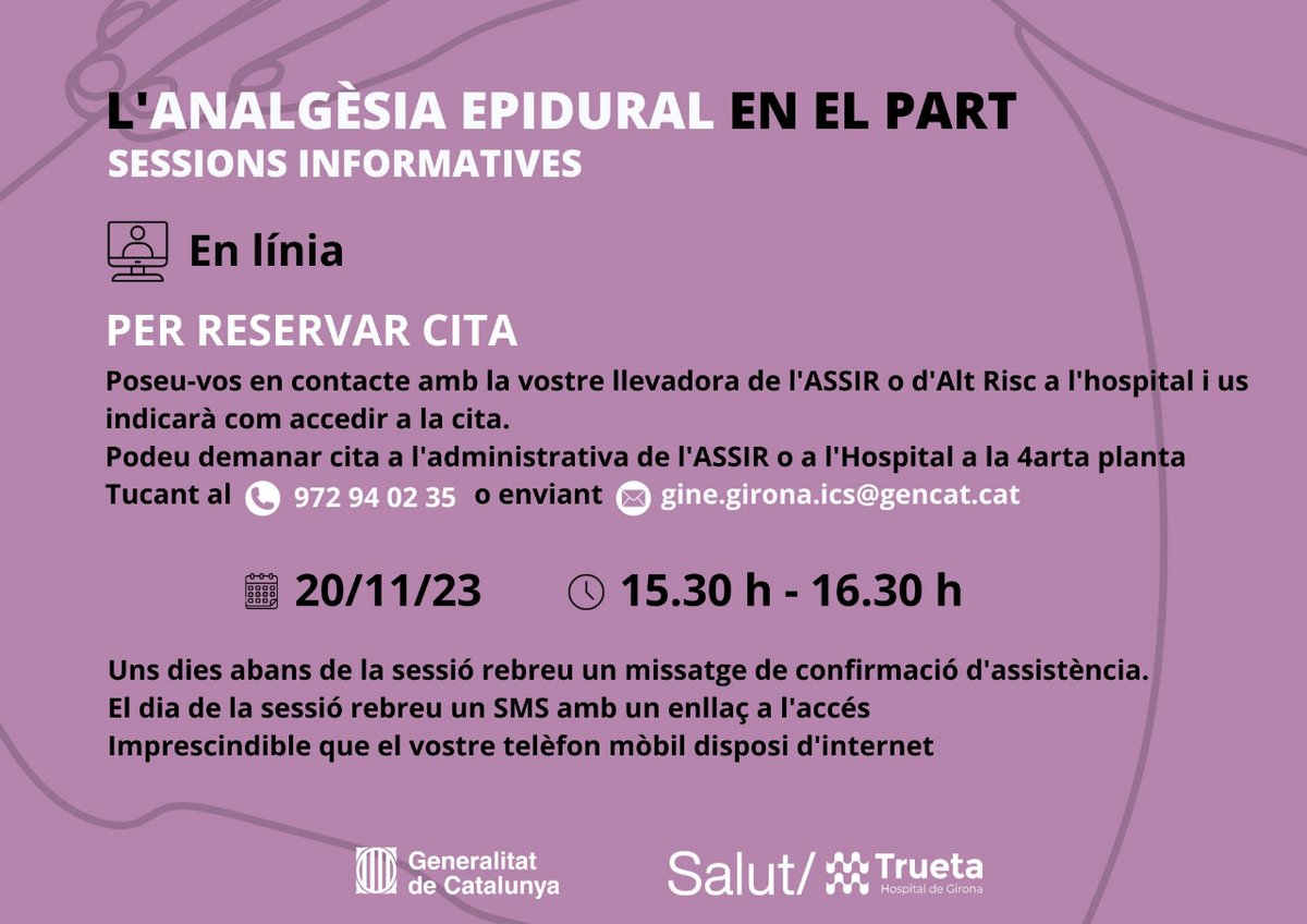 Si estàs embarassada i vols saber-ne més sobre l'analgèsia epidural en el part, `posa't en contacte amb la teva llevadora de l'ASSIR o d'Alt Risc a l'hospital i t'indicarà com accedir a la cita Pròxima sessió d'analgèsia epidural en el part👇 🗓️ 20 de novembre 🕛 a les 15:30h