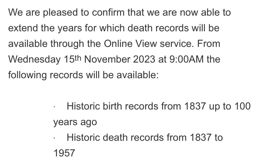 Some good news from the GRO re: Digital Images. Deaths are now available to 1957 (previously went up to 1887). #GRO #FamilyHistory #Genealogy #LocalHistory <a href="/AGRAGenealogy/">AGRA Genealogy</a> <a href="/APGgenealogy/">APG apgenealogists.bsky.social/</a> <a href="/RegQualGenes/">Register of Qualified Genealogists</a> <a href="/BALHNews/">BALH</a> <a href="/OnePlaceStudies/">Society for One-Place Studies 1⃣🏘️🔎</a> <a href="/SocGenealogists/">Society of Genealogists</a> <a href="/OneNameStudies/">One Name Studies</a>