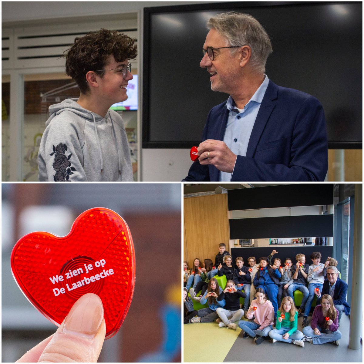 ‘We zien je op De Laarbeecke’ dat is ons schoolmotto. Alle leerlingen krijgen ‘n hartvormig lampje met die tekst. Ook om nog eens de aandacht te vestigen op goede fietsverlichting in deze donkere dagen. Brugklasser Joost kreeg van mij het eerste lampje. #delaarbeecke #ogob
