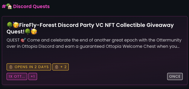 OtterClam's tweet photo. Join our #FireFlyForest Discord Party VC and snag a FREE #NFTCollectible and score massive XP for this week's #ZealySprint!ππ³
The Quest is unlocking soon, so gear up for an artsy #NFT party and we'll catch you there!
https://t.co/HYvzKrT81u
#NFTGiveaway #NFTCollection https://t.co/jX6hwOAWZU