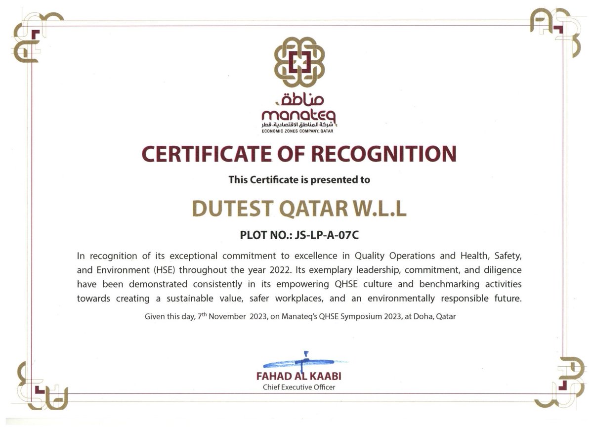Certificate of Recognition received from Economic Zones Company (MANATEQ) during Manateq's QHSE Symposium 2023 on November 7, 2023 at Wyndham Doha West Bay Hotel.
