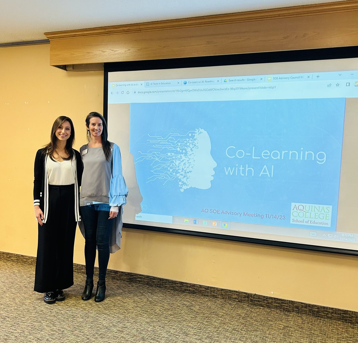 AQ grad student <a href="/vredevoogdi/">Ingrid Vredevoogd</a> and I presented at the SOE advisory board <a href="/AquinasCollege/">Aquinas College</a> last night around some #AI work we’ve been doing. #ELA #epp #secondary