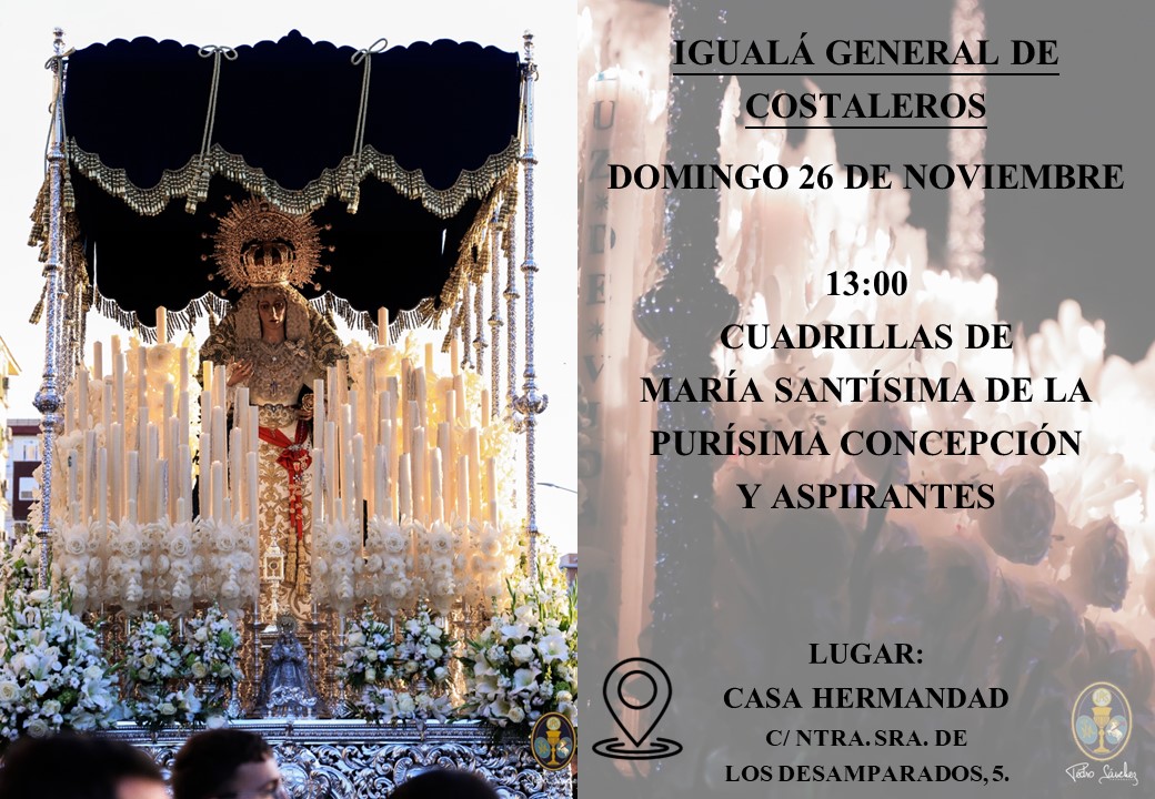 HdaDivinoPerdon's tweet photo. 𝐈𝐆𝐔𝐀𝐋𝐀’ 𝐆𝐄𝐍𝐄𝐑𝐀𝐋 𝐃𝐄 𝐂𝐎𝐒𝐓𝐀𝐋𝐄𝐑𝐎𝐒

Domingo, 26 de noviembre.

𝟏𝟏:𝟑𝟎 𝐡 - Paso de Nuestro Padre Jesús del Divino Perdón.

𝟏𝟑:𝟎𝟎 𝐡 - Paso de María Santísima de la Purísima Concepción.

Lugar: Casa Hermandad - c/ Nuestra Señora de los Desamparados, 5. https://t.co/Ji8IzqAuEw