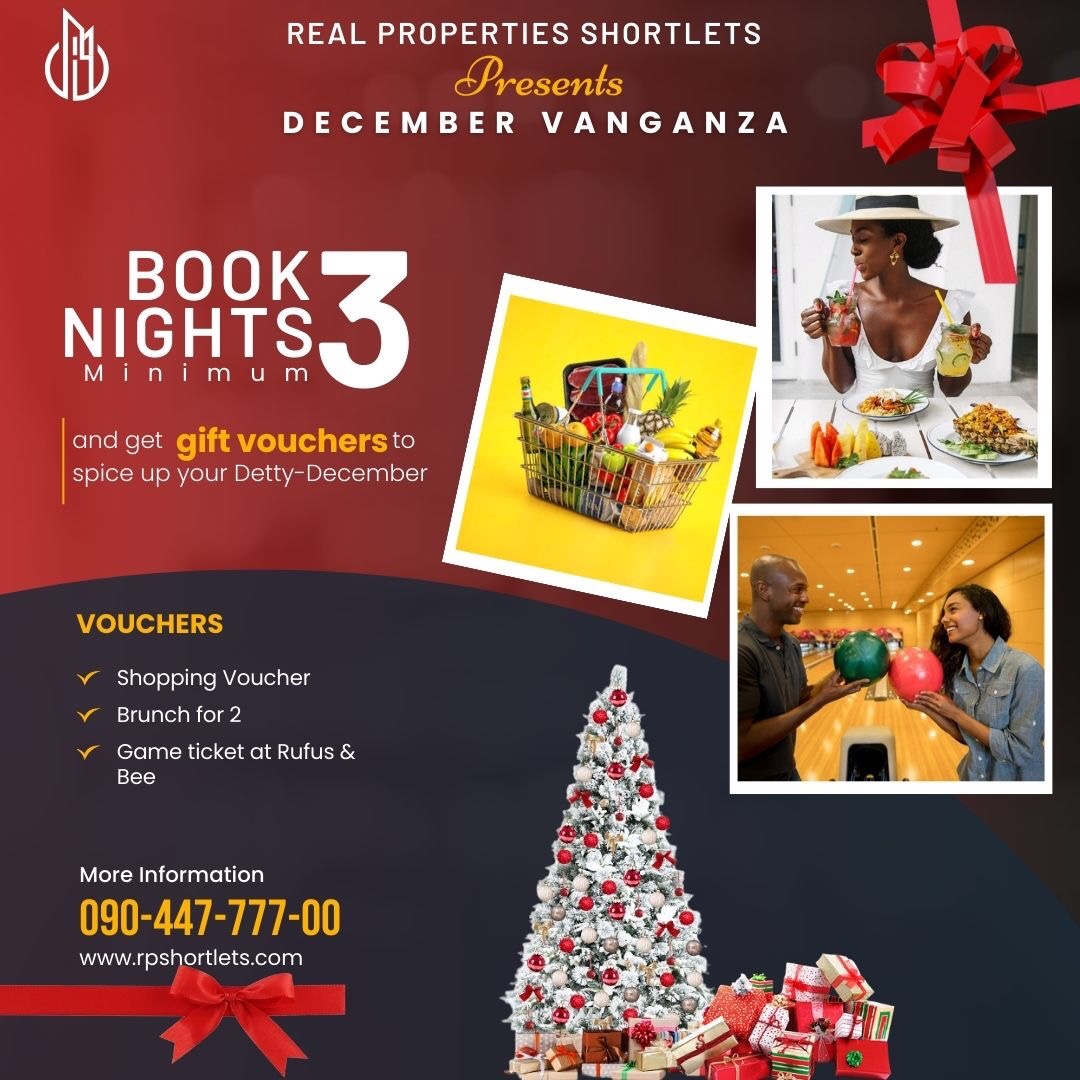 rpshortlets's tweet photo. 🎉 Don't miss out on our December extravaganza! 🌟 Book a minimum of 3 nights with RP Shortlets &amp; indulge in a season of delights.

- Shopping vouchers
- Luxurious brunch for two
- Game tickets to Rufus and Bees! 🛍️🍽️🎮

Book now! #RPShortlets #DecemberVibes #HolidaySeason 🎄🏨🎁 https://t.co/kIhrKBcOj2