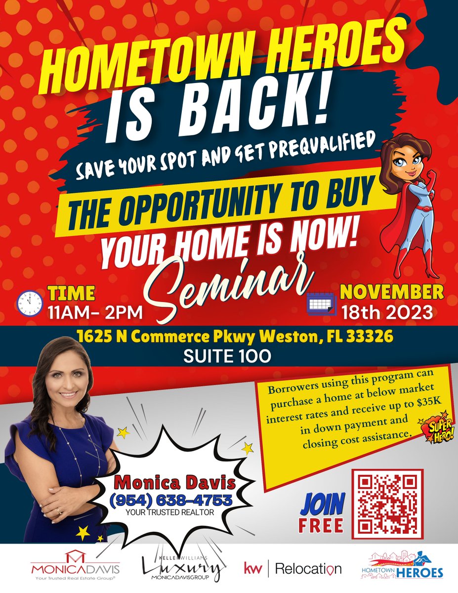 RealtorMDavis1's tweet photo. 🦸🏻‍♂🏡 Discover the keys to homeownership at our Hometown Heroes Seminar. Join us as we guide homebuyers through the process and get pre-approved right a way! 
➡https://t.co/Jjbs0HyzwT

#monicadavishomes #realestate #realtorflorida #hometownheroes #program #worksho https://t.co/4iNbyVcYEc