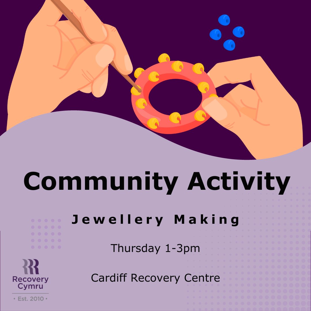 RecoveryCymru's tweet image. 📢 Join us this Thursday for a fantastic community activity! 🎉 Kat will be leading a fun and creative jewellery-making session. It&apos;s a great way to unwind and express your creativity. Don&apos;t miss out - see you there! 💎📿 #CommunityActivity #JewelleryMaking #GetCreative