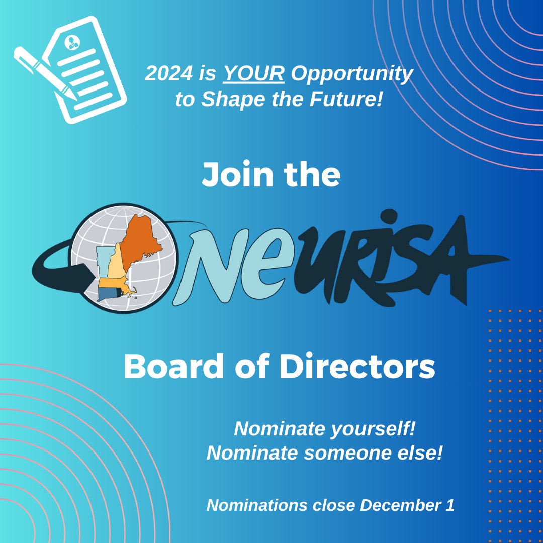 Passionate about GIS?  Want to make a difference in the community? Here's your chance!
NEURISA is looking for vibrant individuals to join our Board!
Submit your nominations (even yourself) NOW! 💚🌐 arcg.is/04qLW0  #NEURISA #NEURISANominations #GISLeadership