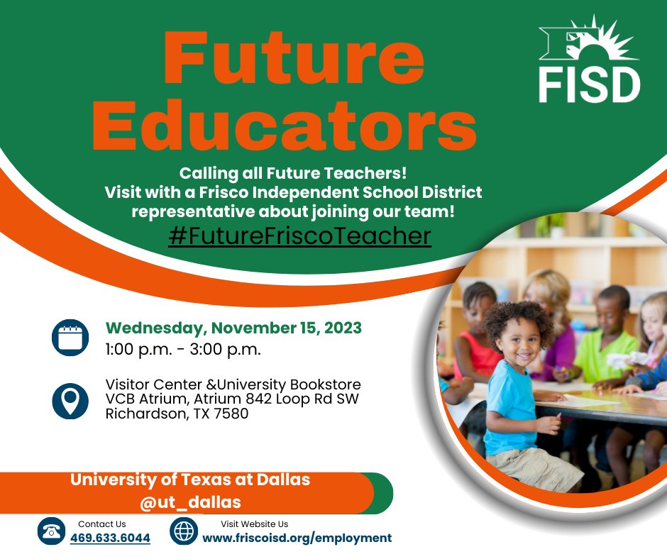friscoisdHR's tweet image. Don't miss out on this great opportunity to talk with our Frisco ISD Recruiter today @ut_dallas. We will there from 1 pm-3 pm to talk about our teacher opportunities. 

#utdallas #utdgrad #futurecomet #FISDElevate #FutureFriscoTeacher