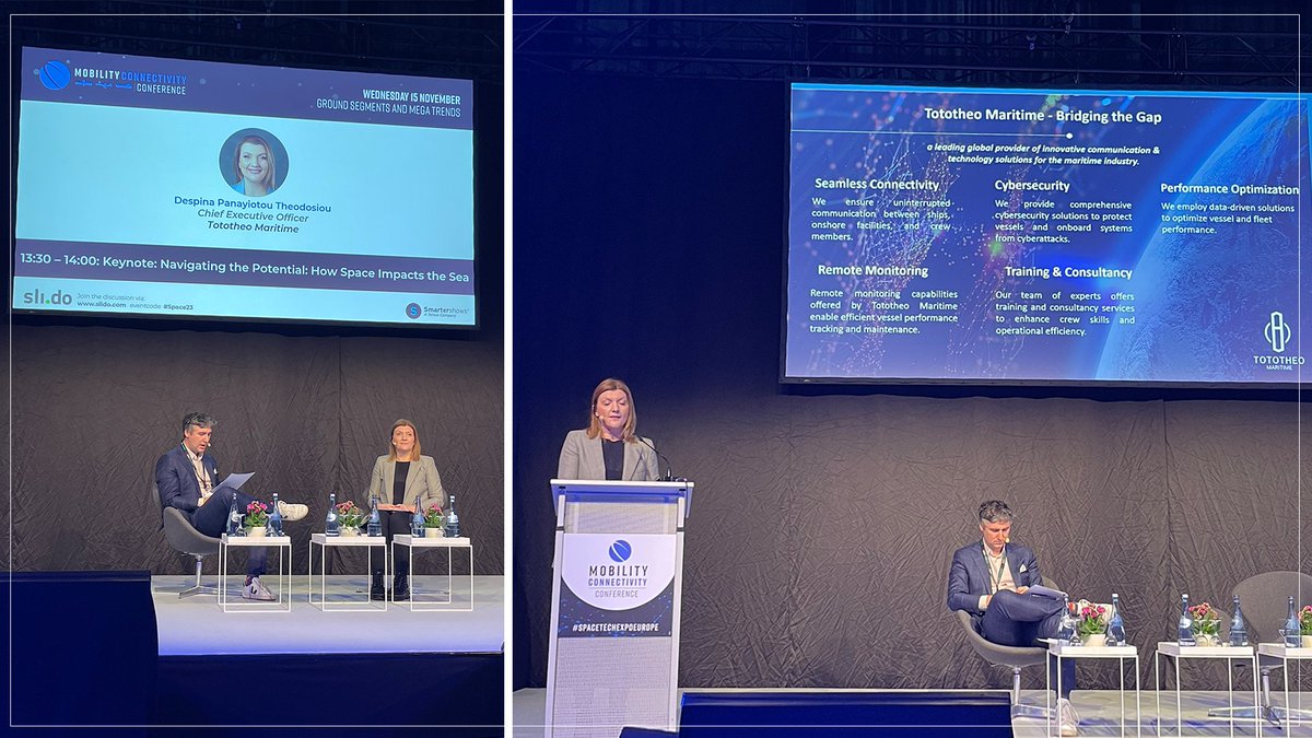 Tototheo_Global's tweet photo. #HappeningNow at @SpaceTechExpoEU 
Our Co-CEO @DespinaPan discusses how satellite connectivity is revolutionizing the maritime industry, driving decarbonization, and shaping the future of maritime technology.
#SpaceTechExpoEurope #spacetechnology #maritimetechnology #maritime https://t.co/ITy69xDFOe