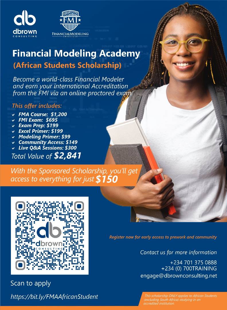 sminakiri's tweet photo. Are you an African student who is resident in Africa?
Pay $150 for #financialmodelingtraining and #advancedfinancialmodeler accreditation exam worth over $2800
Click here to take advantage of this offer now https://t.co/w9XDeoapcK
#AFM #modeling #Finance https://t.co/PwTiI2wG4I