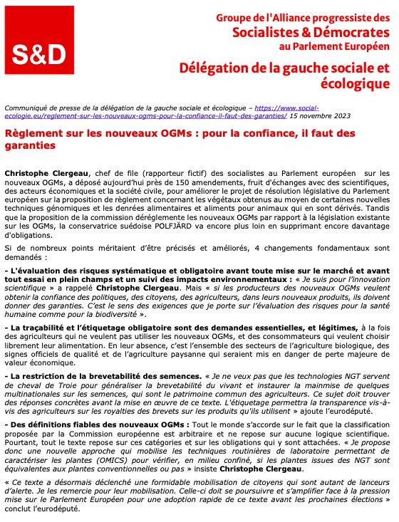 DSFEurope's tweet photo. Règlement sur les nouveaux #OGMs : pour la confiance, il faut des garanties

Pour @clergeau "les technologies NGT ne doivent pas servir de cheval de Troie pour généraliser la brevetabilité du vivant".

En savoir plus : https://t.co/bA6NU5Uu6z https://t.co/ROIknLbH19