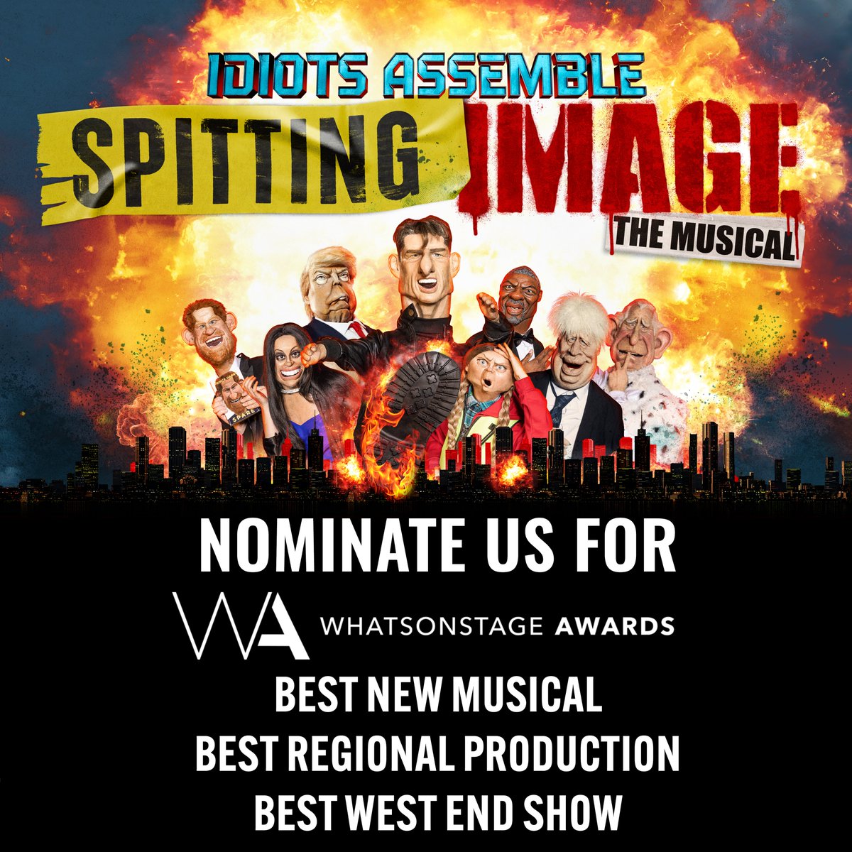 Don't STOP THE VOTES. You can nominate Spitting Image The Musical for @WhatsOnStage Awards in these three categories! Head to awards.whatsonstage.com and vote for us now!