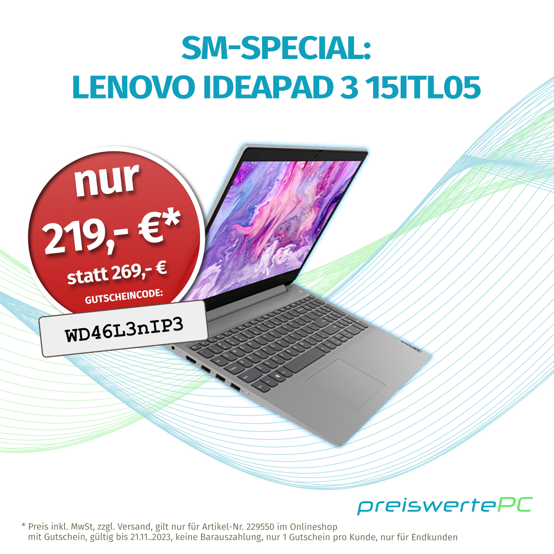 preiswertePC's tweet photo. Mit dem 15,6" Lenovo IdeaPad kannst du kreativ durchstarten. Mittels 8 Gig RAM, 512GB SSD, IPS Full HD Display und Windows 11 bist du optimal für deine Projekte gerüstet. 😃

Hol dir jetzt deines in unserm Deal vergünstigt. 

https://t.co/jyZ9aeJIJ7

#deal #sale #voucher #rabatt https://t.co/Y7pxXlQu0k