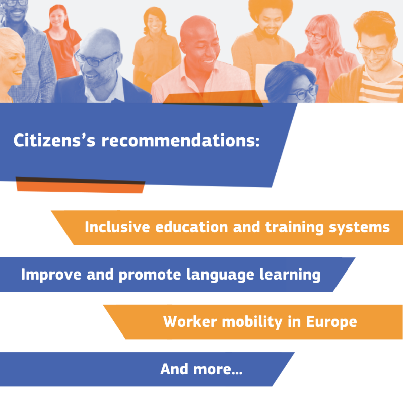 EU_Commission's tweet photo. Citizens' ideas drive our action.

In April, a panel of randomly selected European Citizens produced 21 recommendations on how to make learning mobility an opportunity for everyone.

From language learning to workers’ mobility, we have put forward concrete ways to deliver it ↓