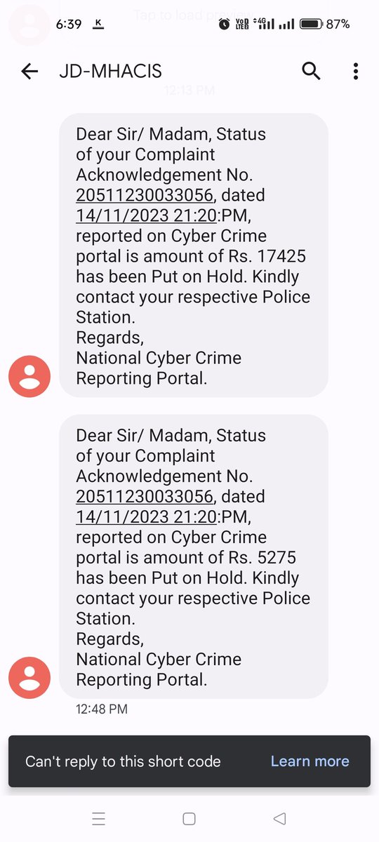 Techinfosalman's tweet photo. @Cyberdost 
Dear Team, 
I raised the Cyber crime Complaint against Scammer. on 14th Nov I got a msg from cyber team. Your account INR 5275/- On hold. My and mom account got hold. Without any reason by cyber crime. Cyber crime should hold or freeze only scammer account. 😥😥 https://t.co/paAZcp8CIR