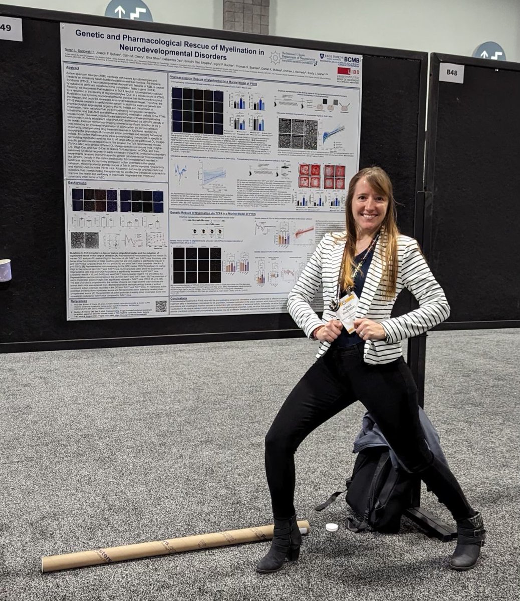 Finishing #SfN23 strong! 💪🏻 Catch @LabMaher’s amazing graduate student @narley_s work on Genetic and Pharmacological Rescue of #myelination in Neurodevelopmental Disorders. Stop by PSTR450.22 (B49) today from 8am - 12pm to learn more! @LieberInstitute @SfNtweets #womeninSTEM