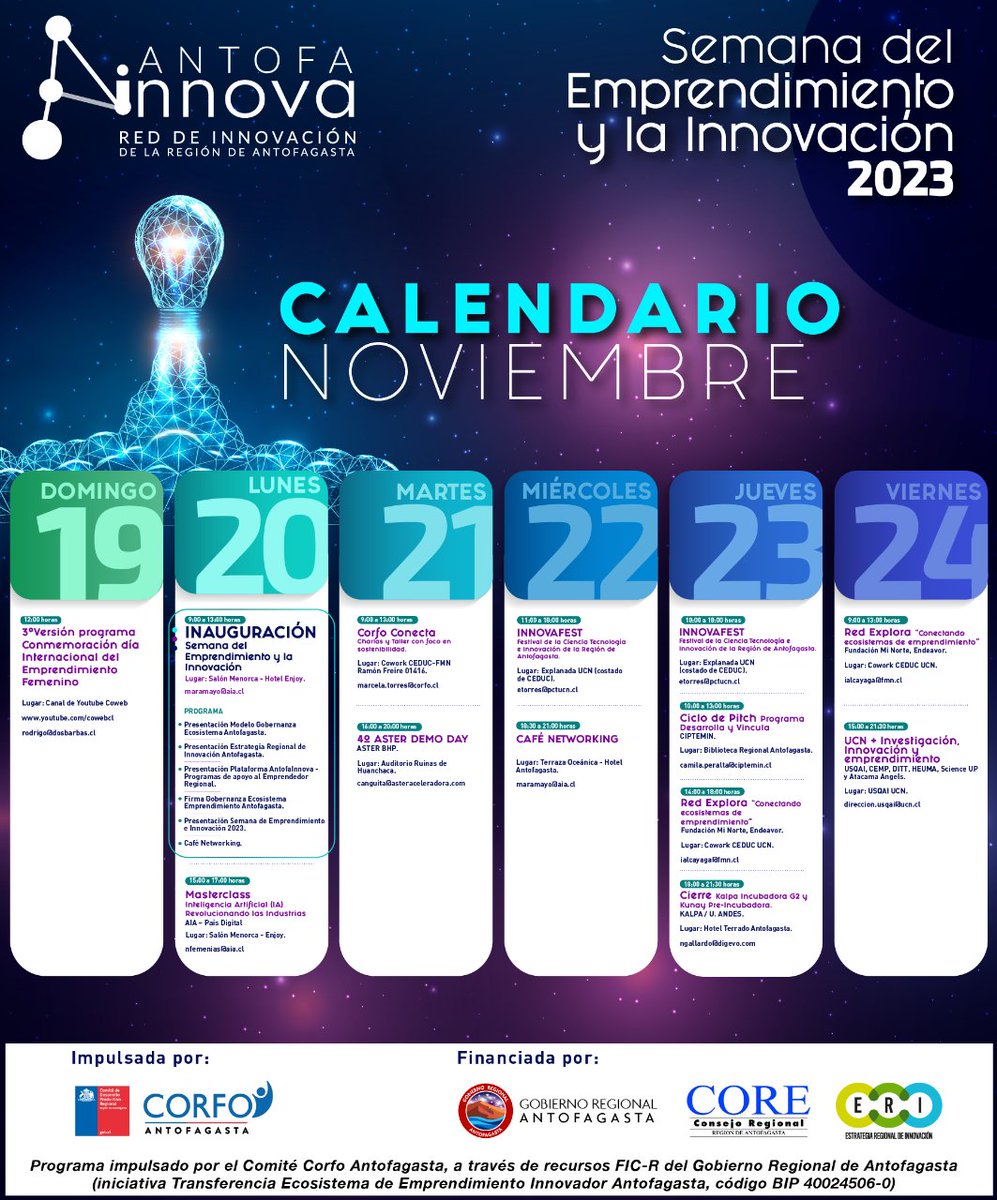 ¡Tenemos calendario de actividades! 👀

👉 Te invitamos a conocer todas las actividades, del 19 al 24 de noviembre, lideradas por la Red Antofa Innova.

📋Inscríbete a la Inauguración aquí: docs.google.com/forms/d/e/1FAI… 

#RedAntofaInnova #RegióndeAntofagasta #QuintilValley